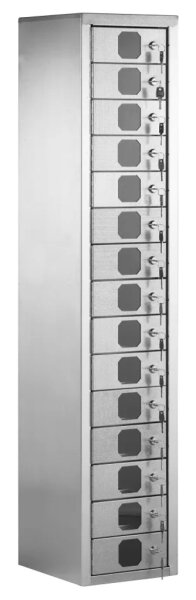 Peetz Equidenpasschrank, verzinktes Stahlblech, 15 Fächer mit Plexiglasscheibe, je 1 Schloss mit 2 Schlüsseln, incl. 1 Generalschlüssel