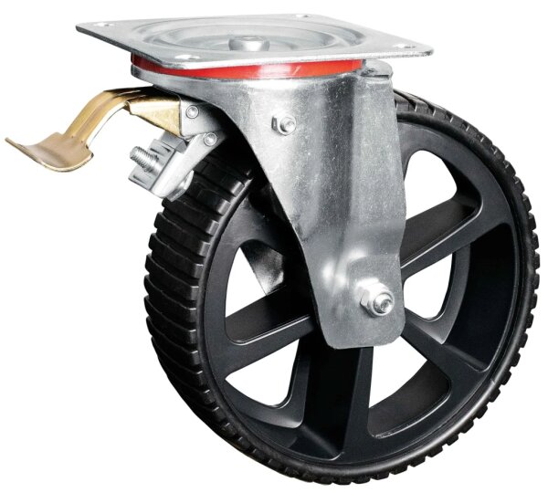 Peetz Pannensichere Räder mit Speichen, 4 er Set, schwarze Speichen Kunststoff-Felgen, Ø 250 mm, Bauhöhe 295 mm, dav. 2 Lenkrollen mit Bremse