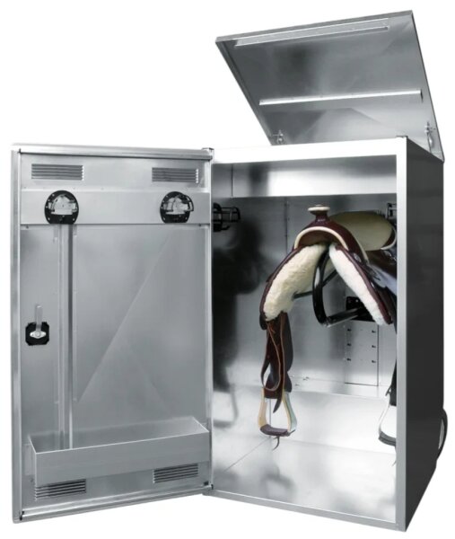 Peetz Turniersattelschrank für Westernsättel mit Deckel aus verzinktem Stahlblech, fahrbahr
